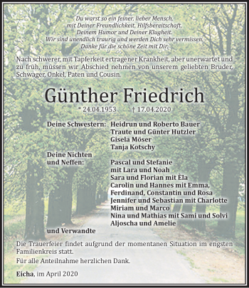 Traueranzeige von Günther Friedrich von Neue Presse Coburg