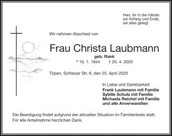Traueranzeige von Christa Laubmann von Frankenpost