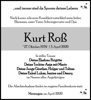 Traueranzeige von Kurt Roß von Südthüringer Presse