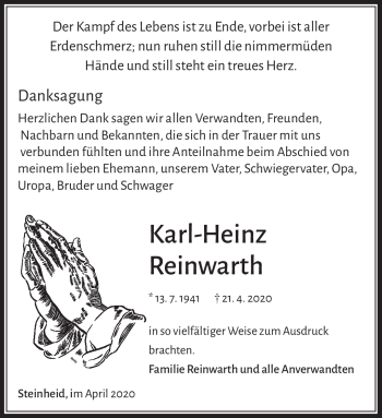 Traueranzeige von Karl-Heinz Reinwarth von Südthüringer Presse