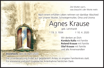 Traueranzeige von Agnes Krause von Neue Presse Coburg