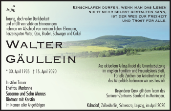 Traueranzeige von Walter Gäullein von Südthüringer Presse