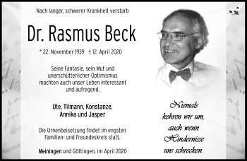 Traueranzeige von Rasmus Beck von Südthüringer Presse