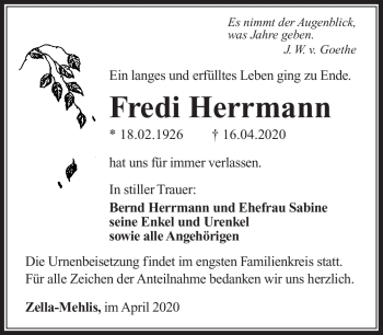 Traueranzeige von Fredi Herrmann von Südthüringer Presse