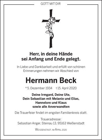 Traueranzeige von Hermann Beck von Frankenpost