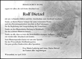 Traueranzeige von Rolf Dietzel von Südthüringer Presse