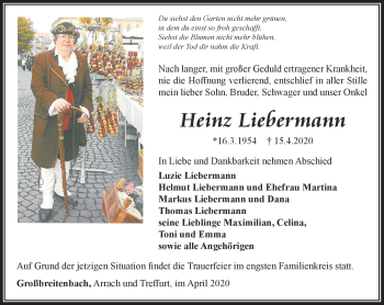 Traueranzeige von Heinz Liebermann von Südthüringer Presse