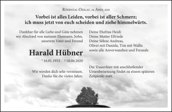 Traueranzeige von Harald Hübner von Neue Presse Coburg