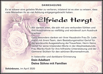 Traueranzeige von Elfriede Hergt von Südthüringer Presse