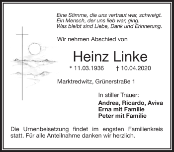 Traueranzeige von Heinz Linke von Frankenpost