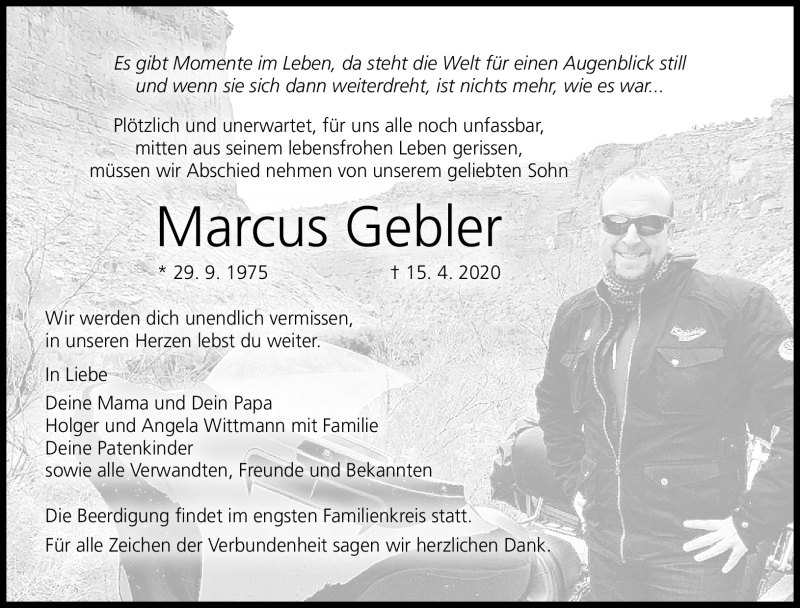  Traueranzeige für Marcus Gebler vom 21.04.2020 aus Neue Presse Coburg