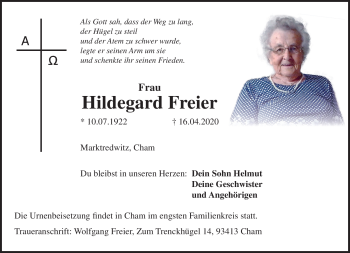 Traueranzeige von Hildegard Freier von Frankenpost