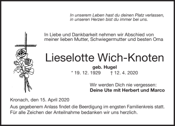 Traueranzeige von Lieselotte Wich-Knoten von Neue Presse Coburg