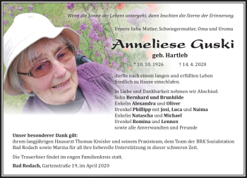 Traueranzeige von Anneliese Guski von Südthüringer Presse