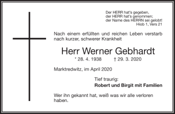 Traueranzeige von Werner Gebhardt von Frankenpost