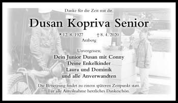 Traueranzeige von Dusan Kopriva Senior von Frankenpost