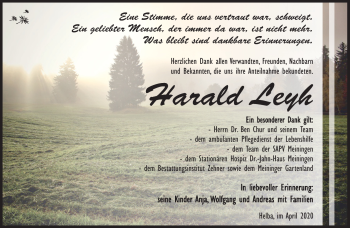Traueranzeige von Harald Leyh von Südthüringer Presse