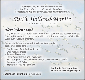 Traueranzeige von Ruth Hollan-Moritz von Südthüringer Presse