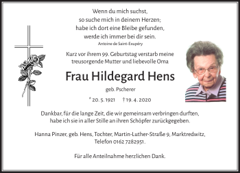 Traueranzeige von Hildegard Hens von Frankenpost