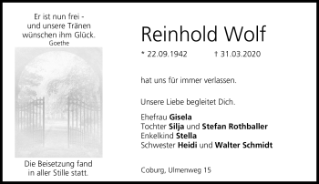 Traueranzeige von Reinhold Wolf von Neue Presse Coburg