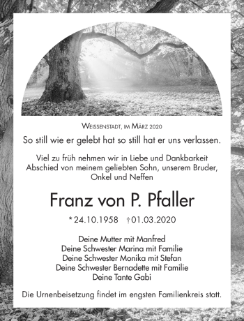 Traueranzeige von Franz von P Pfaller von Frankenpost