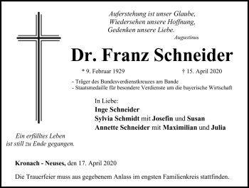 Traueranzeige von Dr. Franz Schneider von Neue Presse Coburg