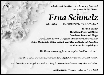 Traueranzeige von Erna Schmelz von Südthüringer Presse