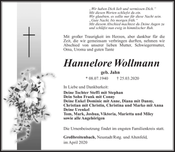 Traueranzeige von Hannelore Wollmann von Südthüringer Presse