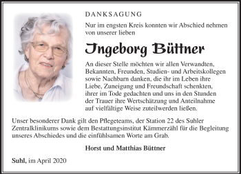 Traueranzeige von Ingeborg Büttner von Südthüringer Presse
