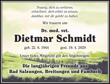 Traueranzeige von Dietmar Schmidt von Südthüringer Presse