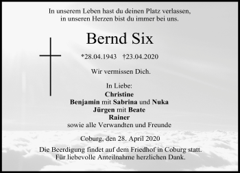 Traueranzeige von Bernd Six von Neue Presse Coburg