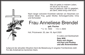 Traueranzeige von Anneliese Brendel von Frankenpost