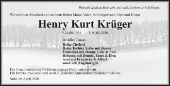 Traueranzeige von Henry Kurt Krüger von Südthüringer Presse