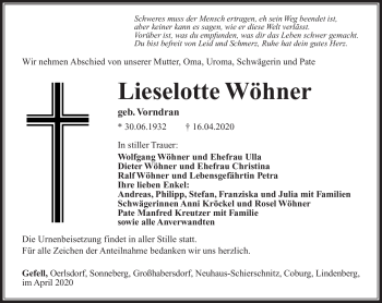 Traueranzeige von Lieselotte Wöhner von Südthüringer Presse