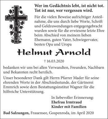 Traueranzeige von Helmut Arnold von Südthüringer Presse