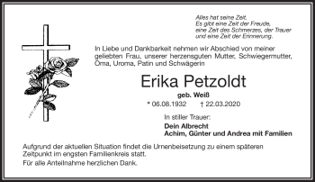Traueranzeige von Erika Petzoldt von Frankenpost