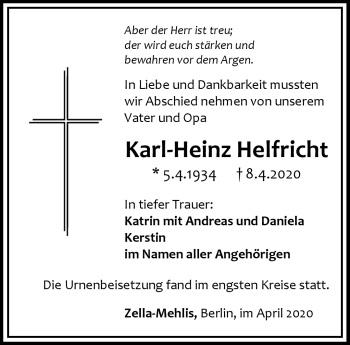 Traueranzeige von Karl-Heinz Helfrich von Südthüringer Presse