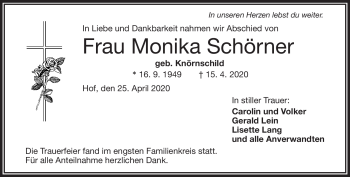 Traueranzeige von Monika Schörner von Frankenpost
