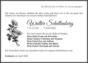 Traueranzeige von Walter Schellenberg von Südthüringer Presse