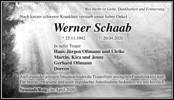 Traueranzeige von Werner Schaab von Südthüringer Presse