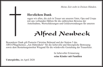 Traueranzeige von Alfred Neubeck von Südthüringer Presse