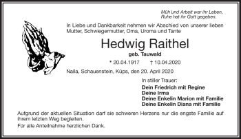 Traueranzeige von Hedwig Raithel von Frankenpost