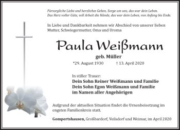 Traueranzeige von Paula Weißmann von Südthüringer Presse