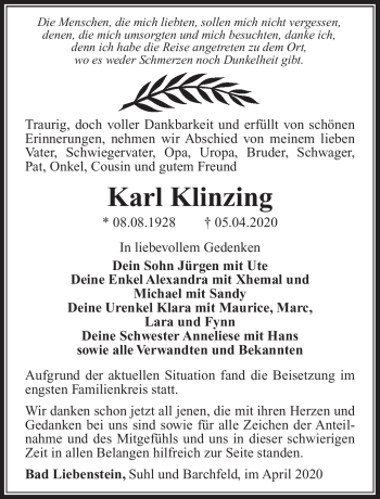 Traueranzeige von Karl Klinzing von Südthüringer Presse