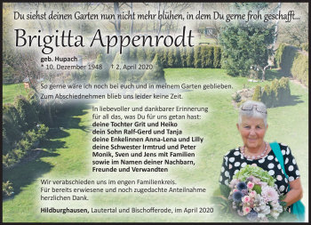 Traueranzeige von Brigitta Appenrodt von Südthüringer Presse