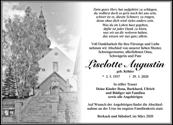 Traueranzeige von Liselotte Augustin von Südthüringer Presse