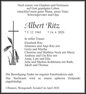 Traueranzeige von Albert Ritz von Südthüringer Presse