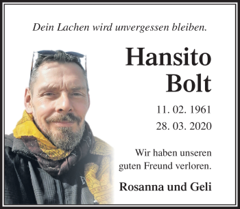Traueranzeige von Hansito Bolt von Neue Presse Coburg