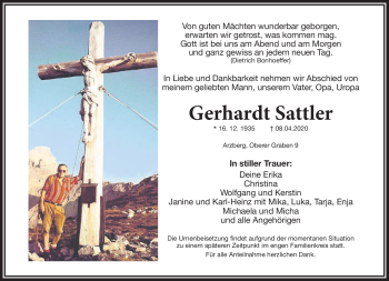 Traueranzeige von Gerhardt Sattler von Frankenpost