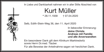 Traueranzeige von Kurt Müller von Frankenpost